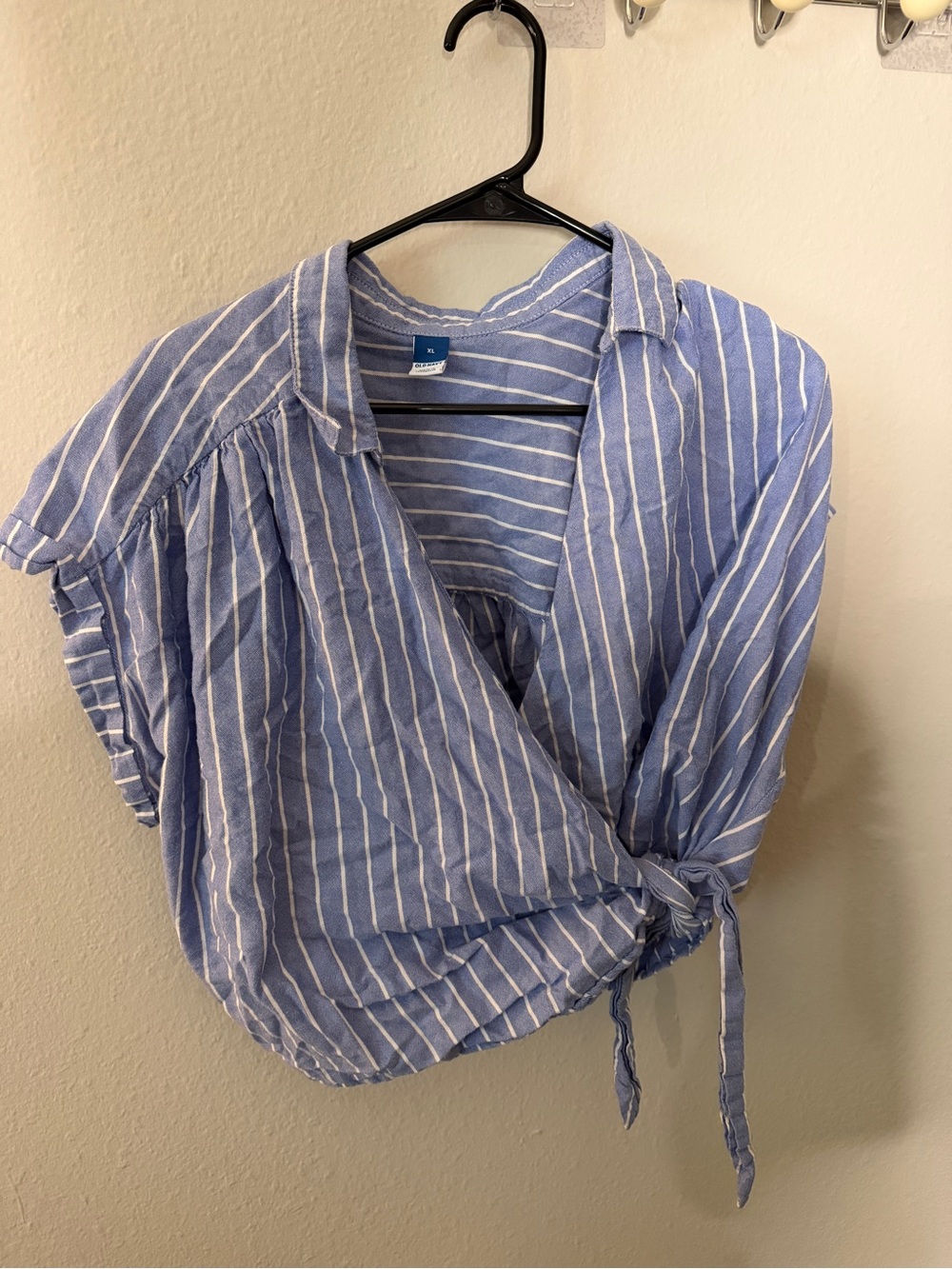 Old Navy Light Blue and White Striped Wrap Shirt